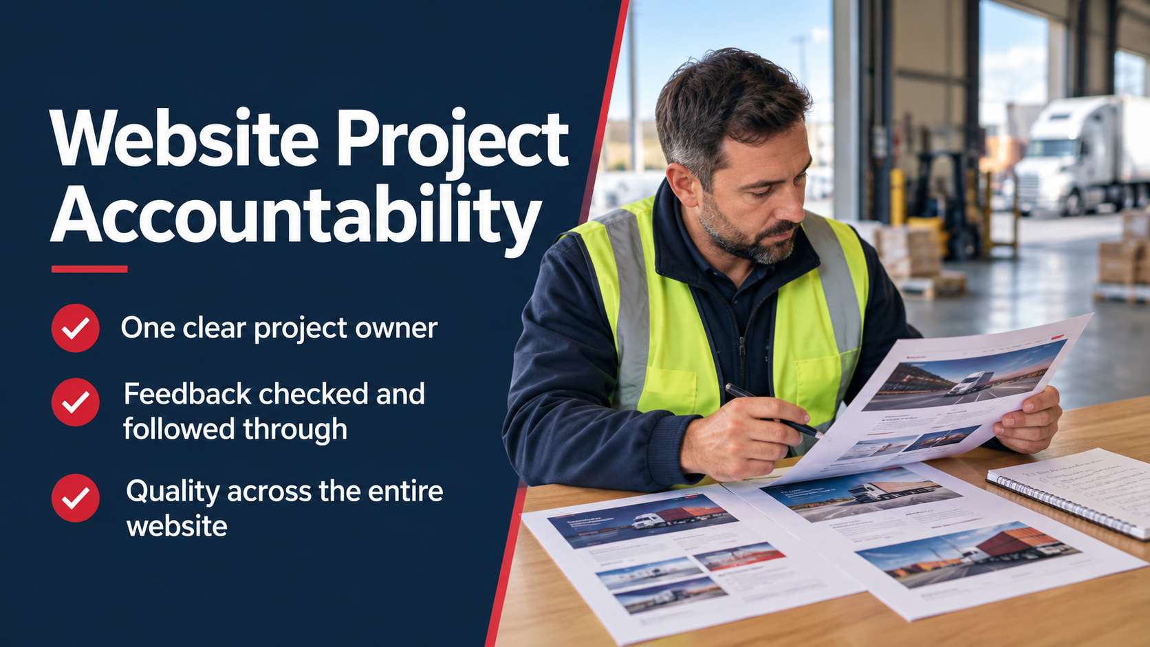 Website project accountability illustration showing a warehouse professional reviewing freight website designs, with key points about project ownership, feedback and quality.